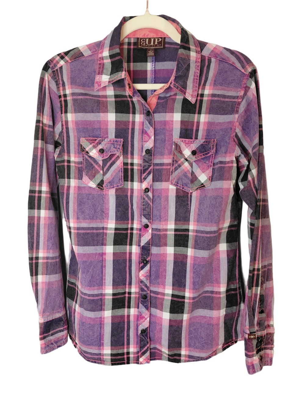 Cowgirl Up Plaid Button-Down Shirt Purple Western Snap Front Medium